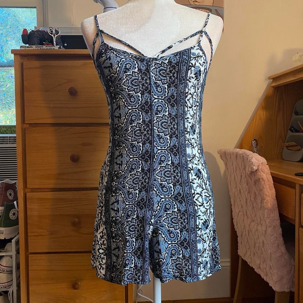 Blue Black and White Paisley Floral Print Boho  Romper